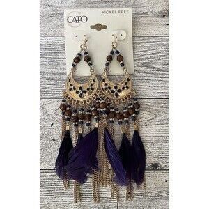 Cato Gold Tone Dangle Drop Earrings Navy Blue Feathers Beaded Nickel Free